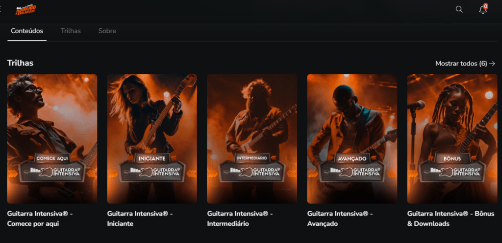 Área de membros do Guitarra Intensiva com trilhas do iniciante ao avançado